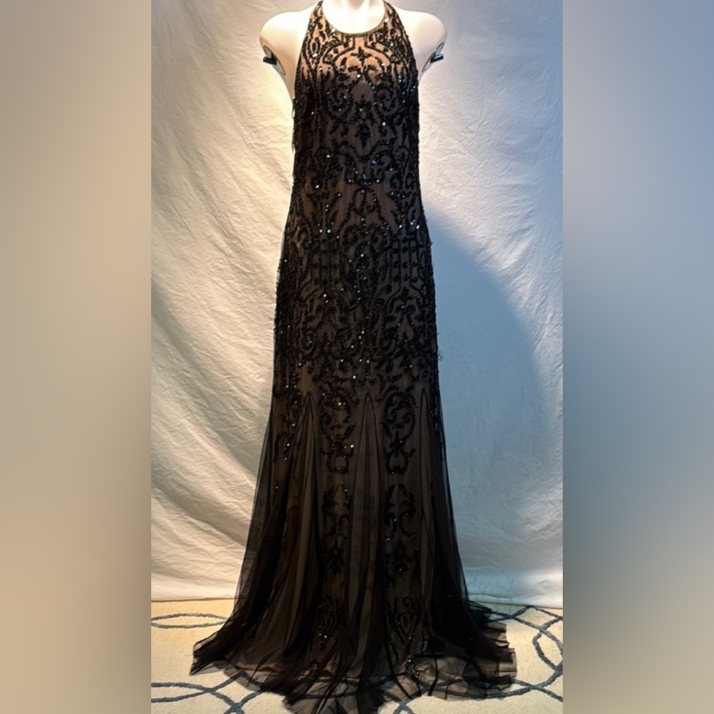 Adrianna Papell Black Beaded Halter Backless Evening Gown